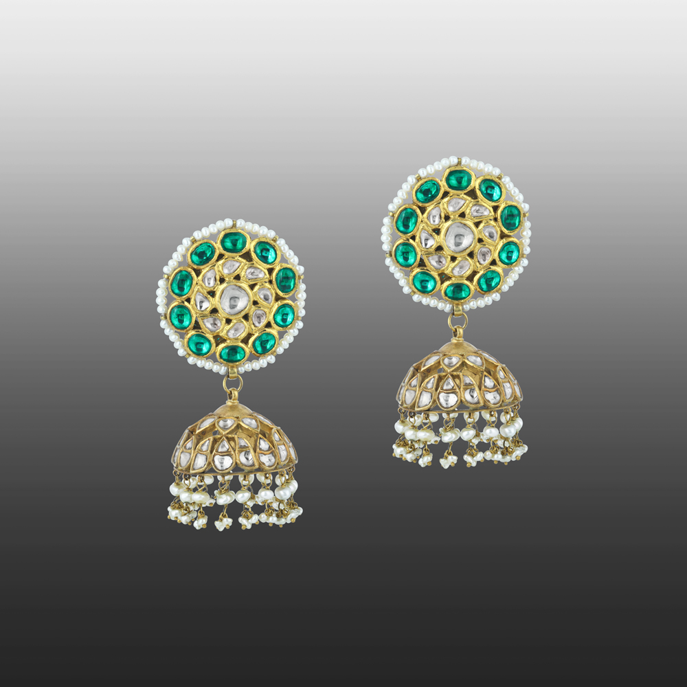 Polki Jhumka Earrings with Green stone and Pearl Borders